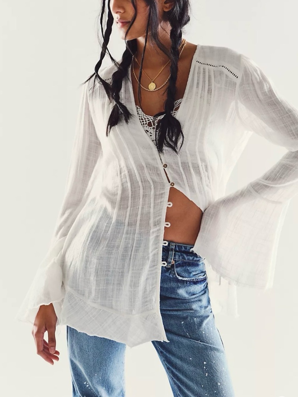 Free People Brown Gauze Button-Front Tunic